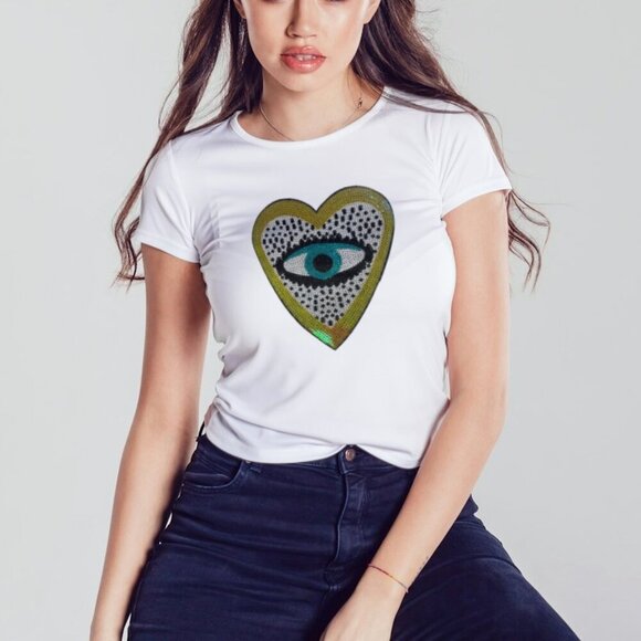 Lux Evil Eye Sequins Heart Oversized Front-tie T Shirt Women's L/XL - Picture 2 of 3